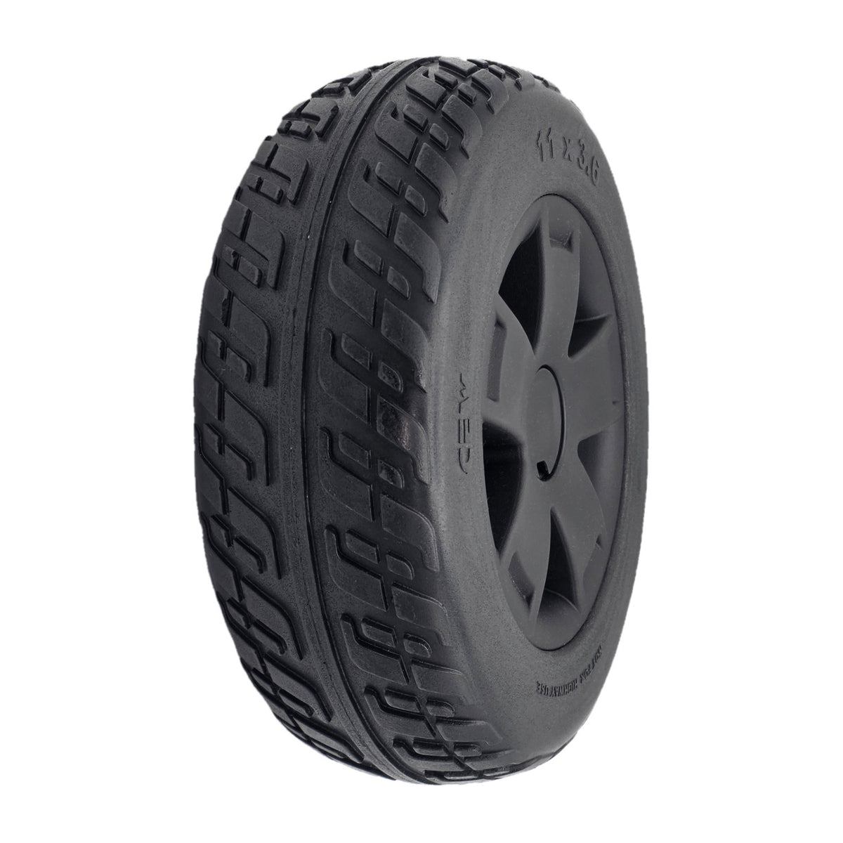 The 11x3.6 black Rear Drive Wheel Assembly for Pride Victory Platinum Electric Scooter. Fits the left or right side rear drive wheels.