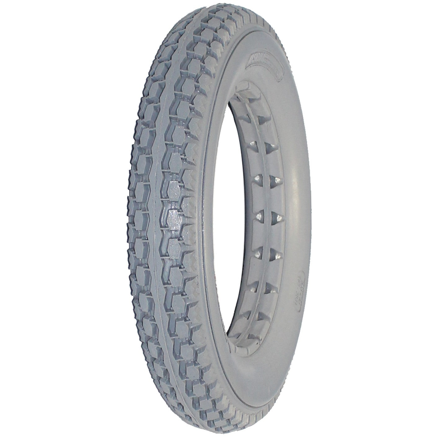 Angled view of the 12 1/2 x 2 1/4 in. (62-203) Solid Knobby Wheelchair Tire shown in gray with (62-203) and 320x62 tread