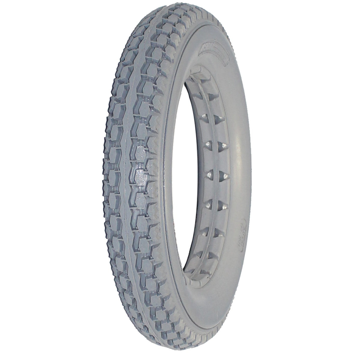 Angled view of the 12 1/2 x 2 1/4 in. (62-203) Solid Knobby Wheelchair Tire shown in gray with (62-203) and 320x62 tread