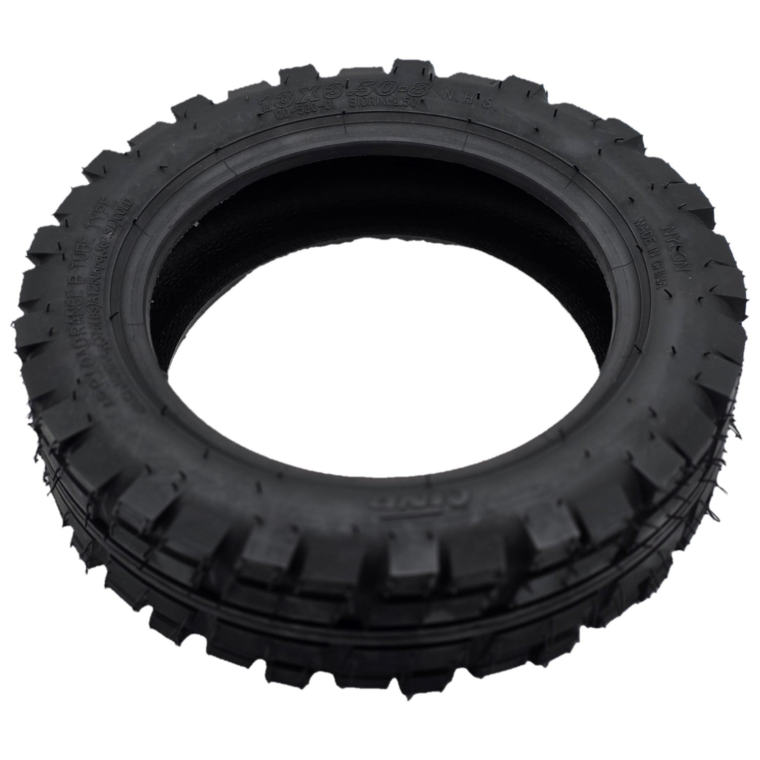 Angled view of the replacement 13x3.50-8 Front/Rear Tire for Pride Pursuit 2 Electric Scooter features a knobby tread for extra traction. Qind QD-530-01 Sidrim:2.50 Tire