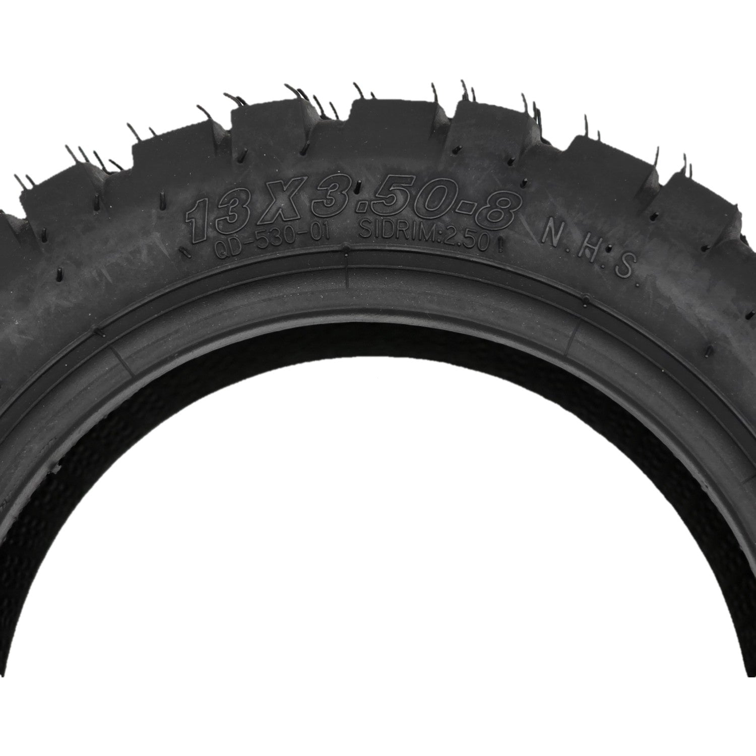Close up view showing sidewall of the replacement 13x3.50-8 Front/Rear Tire for Pride Pursuit 2 Electric Scooter features a knobby tread for extra traction. Qind QD-530-01 Sidrim:2.50 Tire