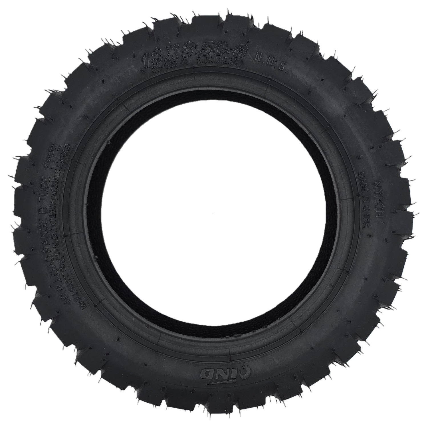 Side view of the replacement 13x3.50-8 Front/Rear Tire for Pride Pursuit 2 Electric Scooter features a knobby tread for extra traction. Qind QD-530-01 Sidrim:2.50 Tire