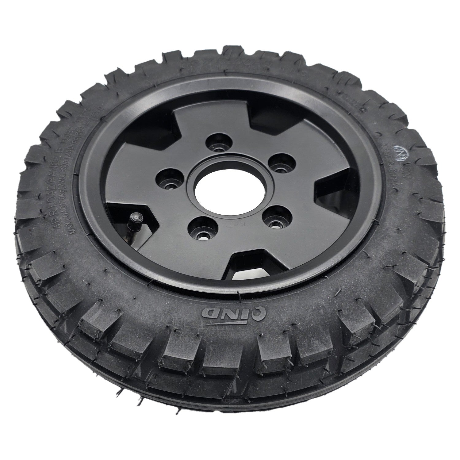 Angled view of the 13 x 3.50-8 Replacement Wheel Assembly for the Pride Pursuit 2 Electric Scooter comes fully assembled for easy installation. Black tire and 5 spoke rim fits either a front wheel or rear drive wheel and fits the left or right side.