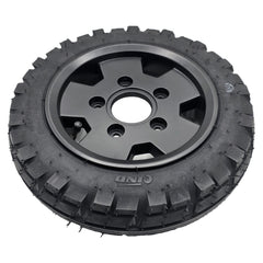 Angled view of the 13 x 3.50-8 Replacement Wheel Assembly for the Pride Pursuit 2 Electric Scooter comes fully assembled for easy installation. Black tire and 5 spoke rim fits either a front wheel or rear drive wheel and fits the left or right side.