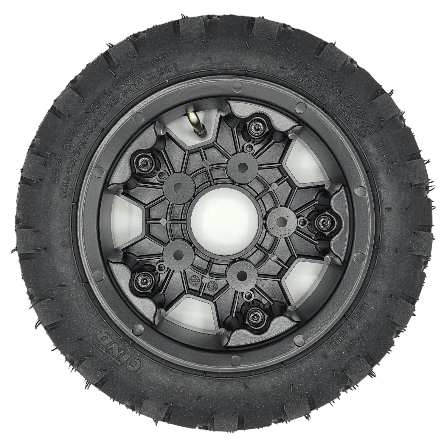Back view of the 13 x 3.50-8 Replacement Wheel Assembly for the Pride Pursuit 2 Electric Scooter comes fully assembled for easy installation. Black tire and 5 spoke rim fits either a front wheel or rear drive wheel and fits the left or right side.