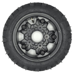 Back view of the 13 x 3.50-8 Replacement Wheel Assembly for the Pride Pursuit 2 Electric Scooter comes fully assembled for easy installation. Black tire and 5 spoke rim fits either a front wheel or rear drive wheel and fits the left or right side.