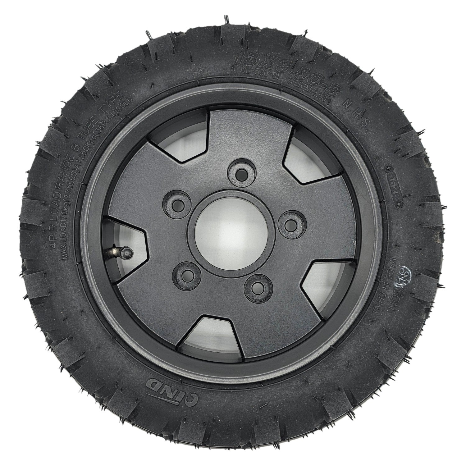 The 13 x 3.50-8 Replacement Wheel Assembly for the Pride Pursuit 2 Electric Scooter comes fully assembled for easy installation. Black tire and 5 spoke rim fits either a front wheel or rear drive wheel and fits the left or right side.