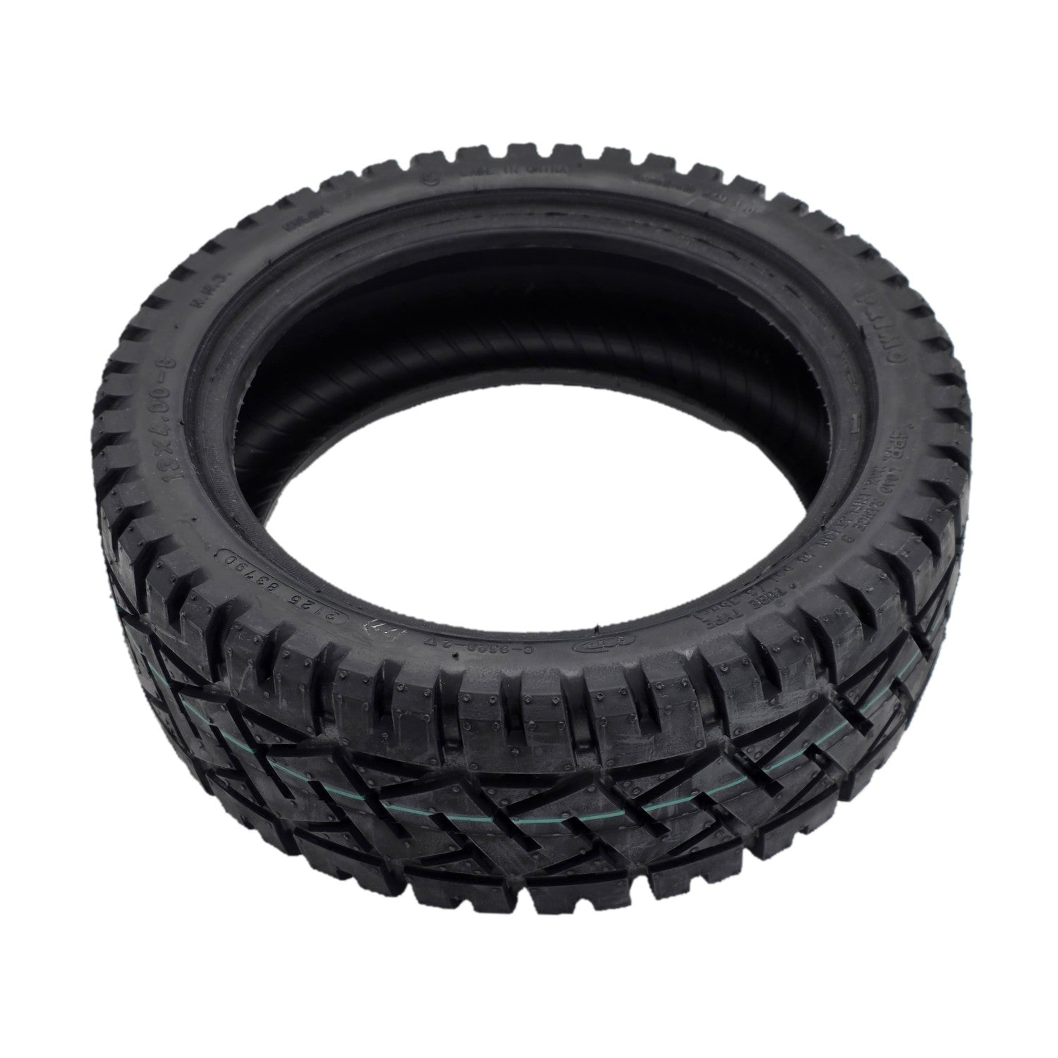 Angled view of the replacement 13x4.00-8 Primo Front and Rear Black Tire for Pride PX4 Electric Scooters fits the PX4, Pursuit Sport, and Pursuit XL 4-wheel scooters. Made from Nylon, CST and 4P.R.
