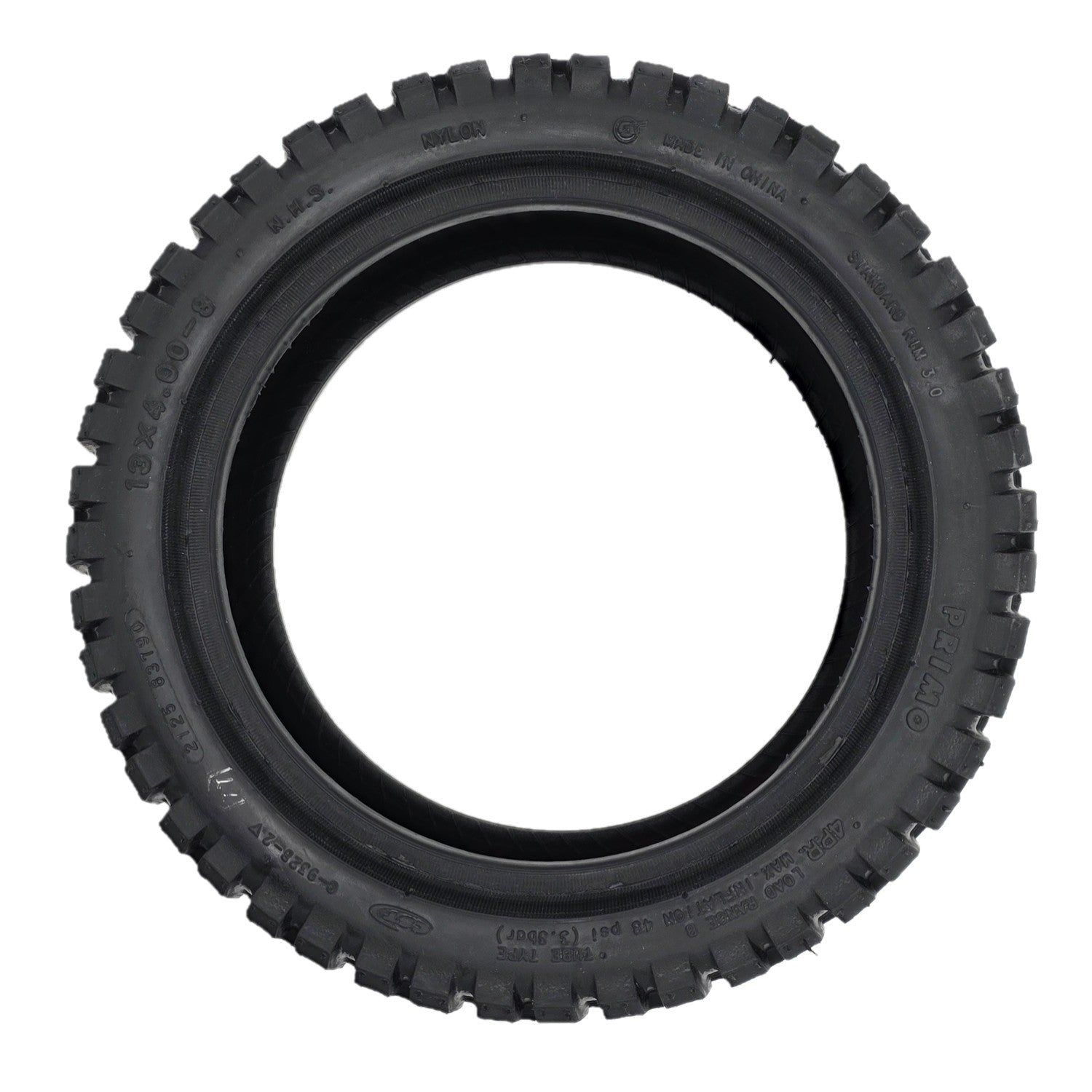 Side view of the replacement 13x4.00-8 Primo Front and Rear Tire for Pride PX4 Electric Scooters fits the PX4, Pursuit Sport, and Pursuit XL 4-wheel scooters.