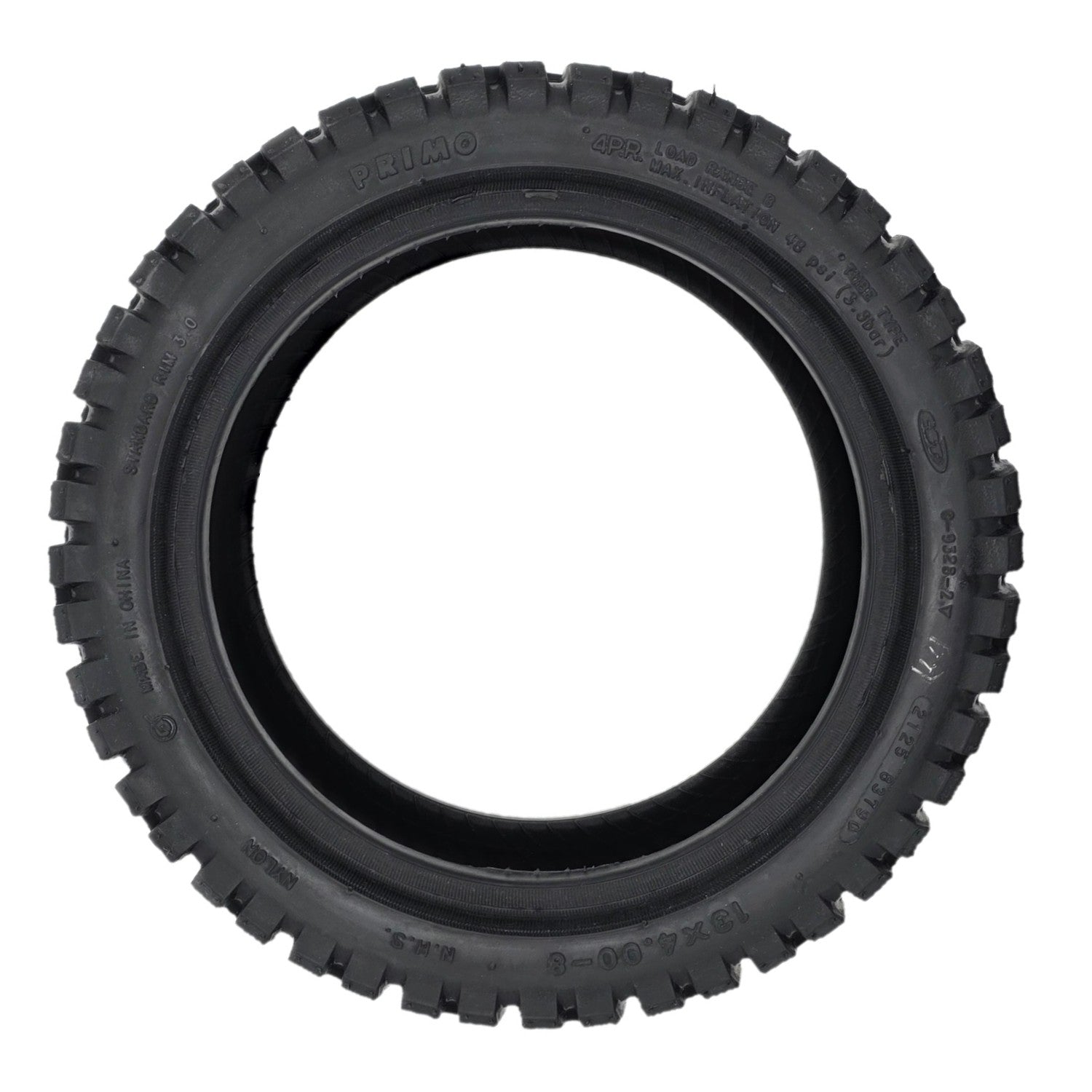 Side view of the replacement 13x4.00-8 Primo Front and Rear Black Tire for Pride PX4 Electric Scooters fits the PX4, Pursuit Sport, and Pursuit XL 4-wheel scooters. Made from Nylon, CST and 4P.R.