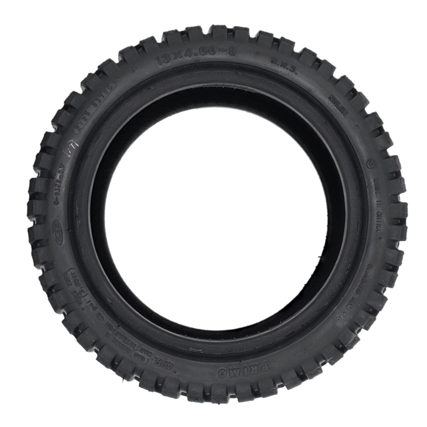 Side view of the replacement 13x4.00-8 Primo Front and Rear Black Tire for Pride PX4 Electric Scooters fits the PX4, Pursuit Sport, and Pursuit XL 4-wheel scooters. Made from Nylon, CST and 4P.R.