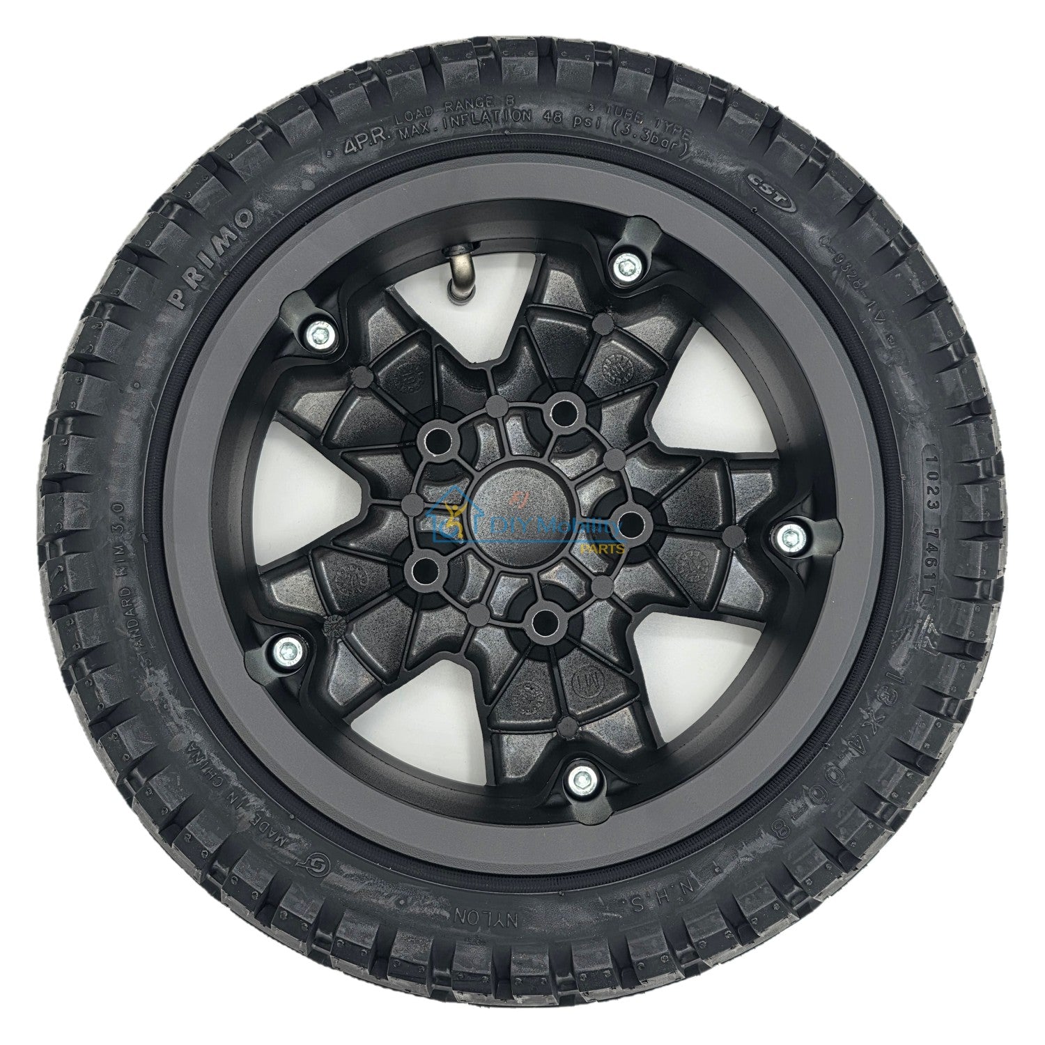 The replacement 13x4.00-8 Front and Rear Drive Wheel Assembly for Pride PX4 Electric Scooter feature a black tire and 5-spoke rim.