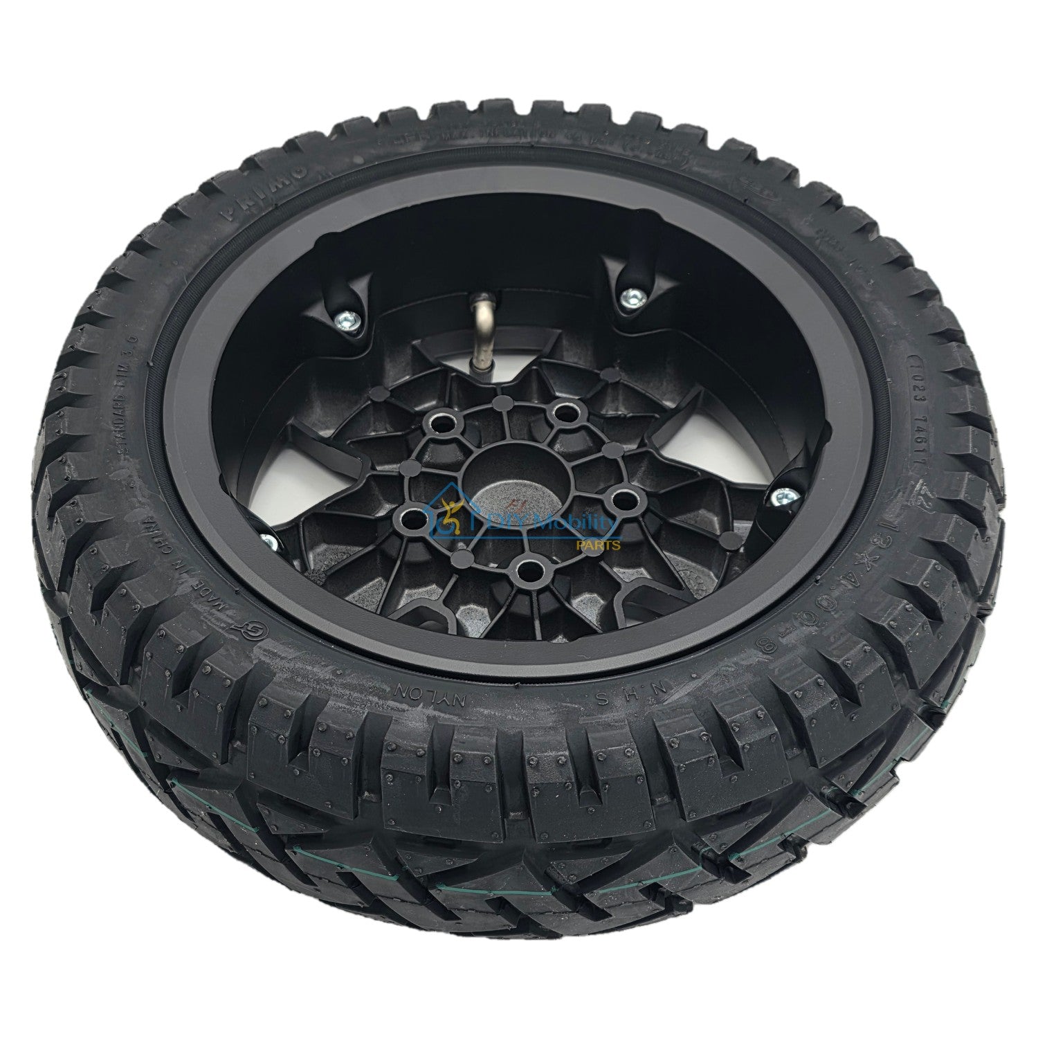 The replacement 13x4.00-8 Front and Rear Drive Wheel Assembly for Pride PX4 Electric Scooter feature a black tire and 5-spoke rim.