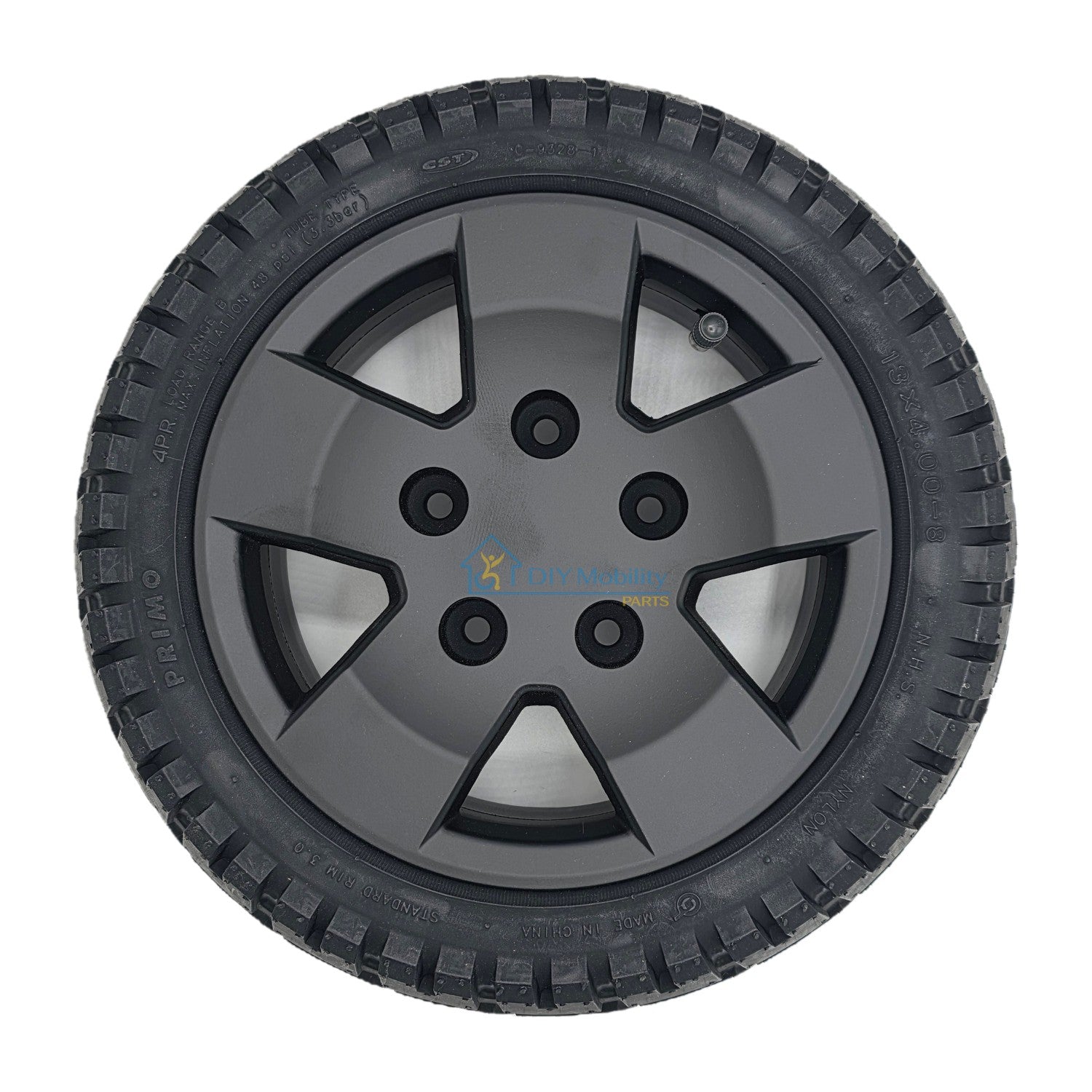 The replacement 13x4.00-8 Front and Rear Drive Wheel Assembly for Pride PX4 Electric Scooter feature a black tire and 5-spoke rim.
