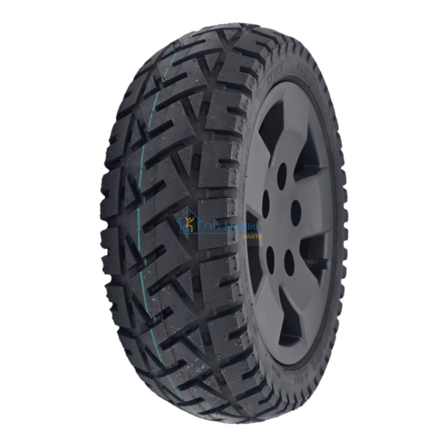 The replacement 13x4.00-8 Front and Rear Wheel Assembly for Pride PX4 Electric Scooter feature a black tire and 5-spoke rim. Pride WHLASMB2318.