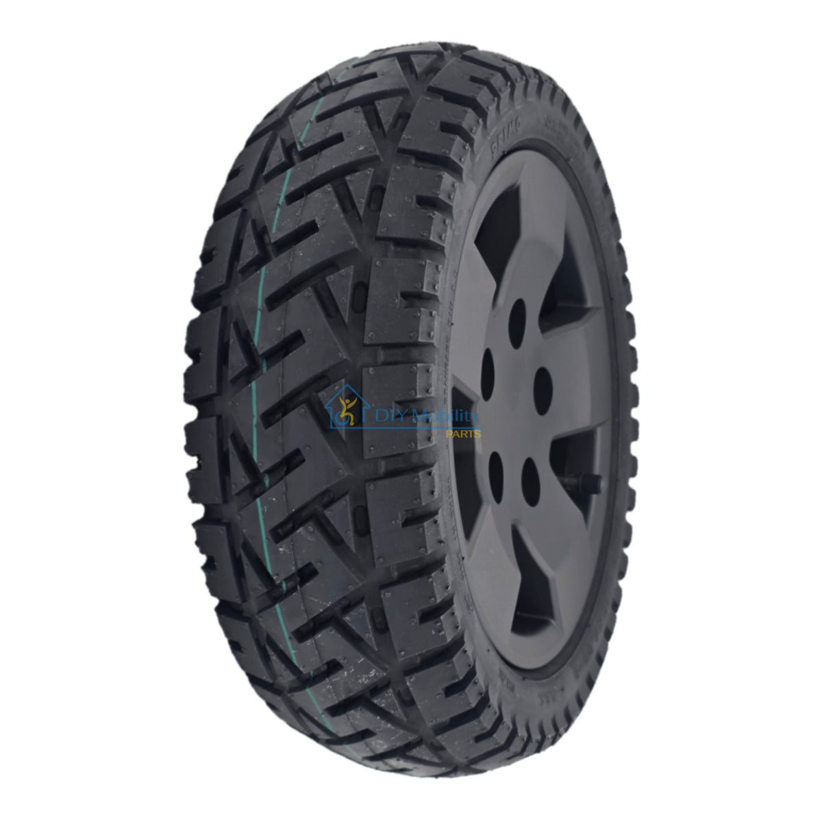 The replacement 13x4.00-8 Front and Rear Wheel Assembly for Pride PX4 Electric Scooter feature a black tire and 5-spoke rim. Pride WHLASMB2318.