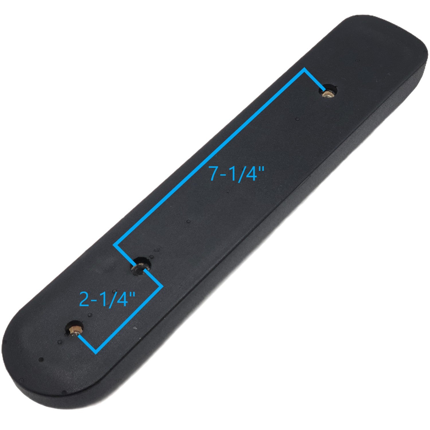 Bottom view of the 14 in. Armrest Pad for Merits Power Wheelchairs showing 43780035 mounting holes and dimensions