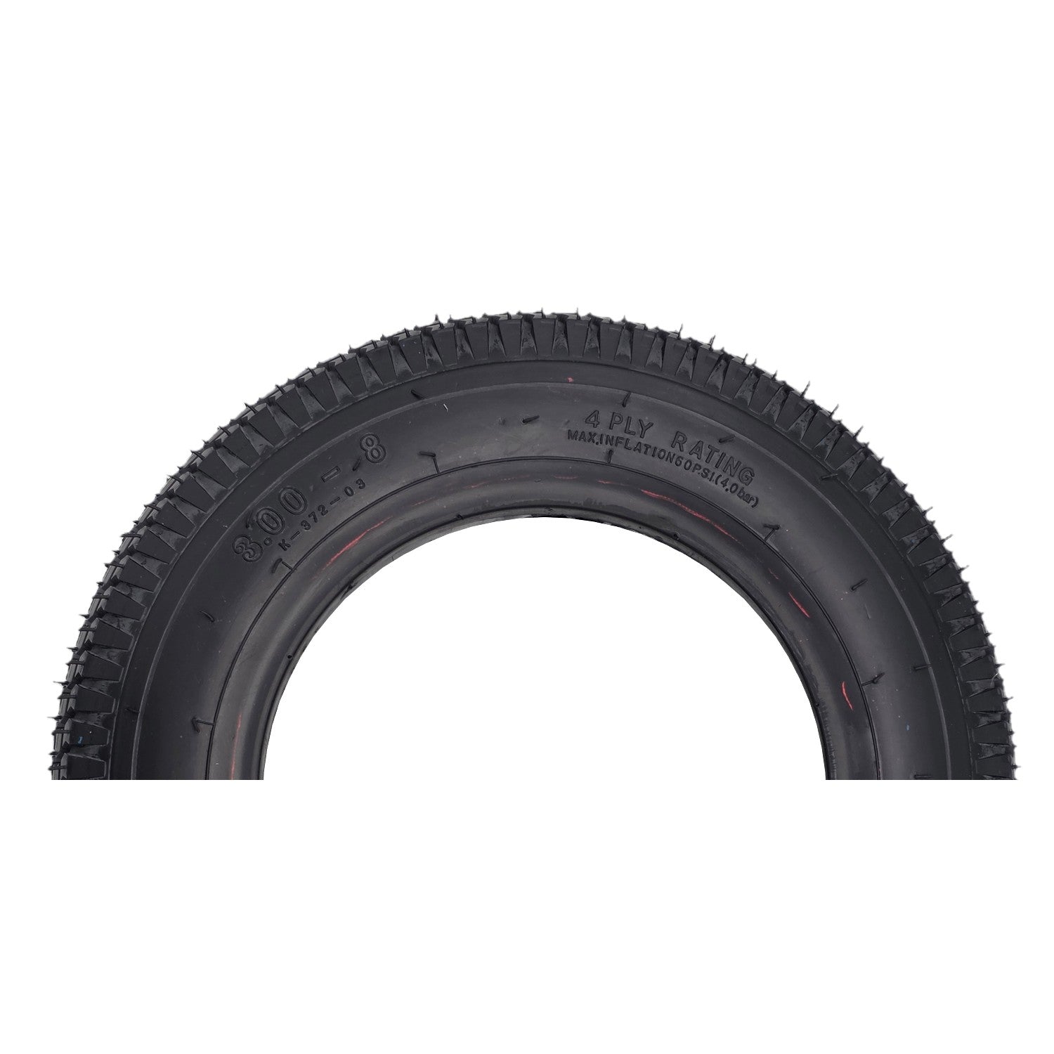 Side view of the replacement 14 x 3 in. (3.00-8) knobby Pneumatic wheelchair tire in non-marring black is a very popular tire size and commonly used for the drive wheel on power chairs.