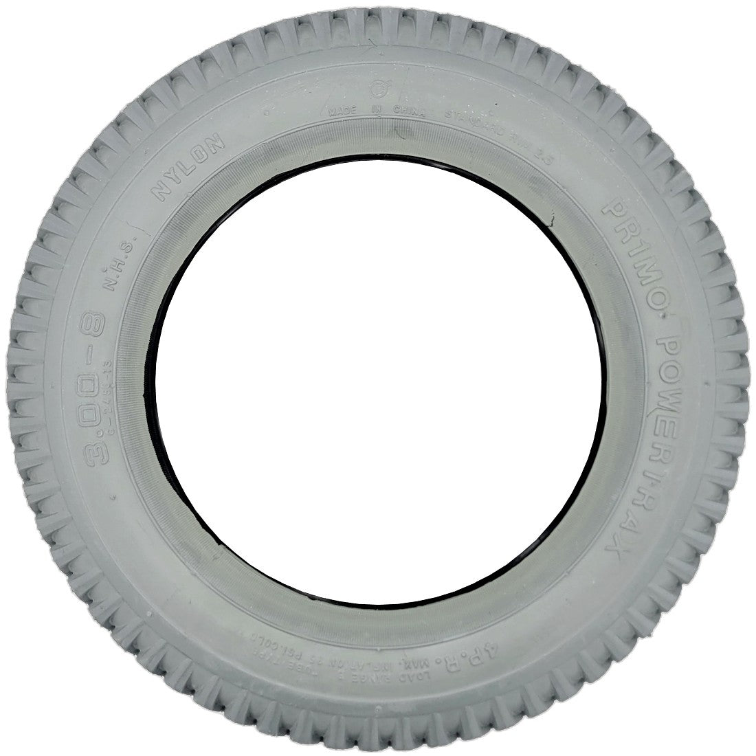 This 14 x 3 in. (3.00-8) Pr1mo Powertrax Pneumatic wheelchair tire has C-248G nylon nhs 4PR.R. tread