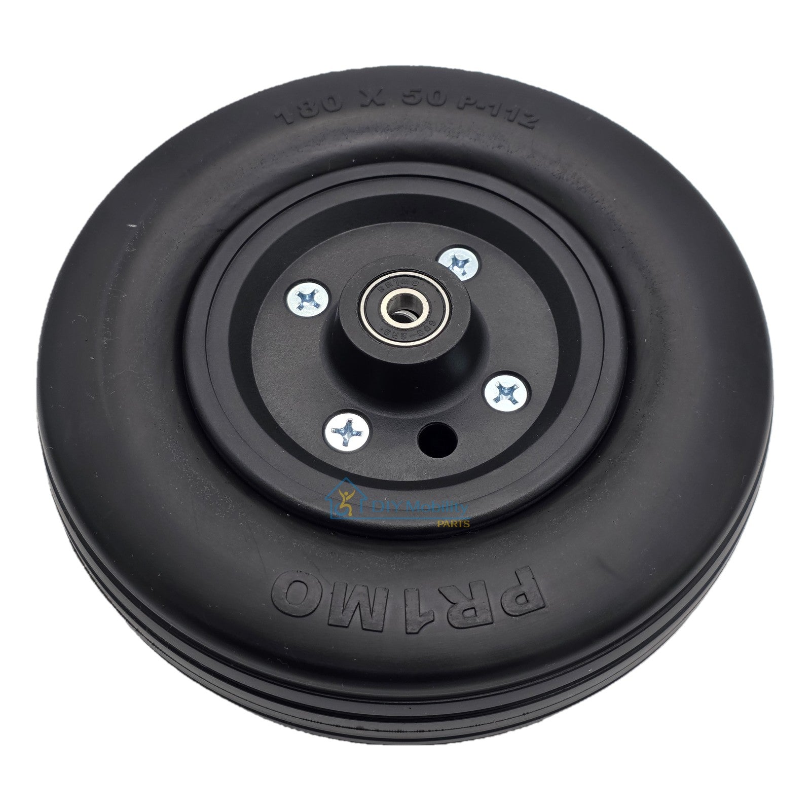 Black Primo P-112 non-marking caster tire with black wheel rim