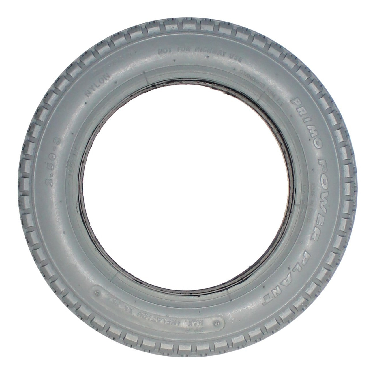 Replacement 2.50-8 Primo Power Plant Foam Filled Wheelchair Tire Side view showing C-177G tread in gray Nylon