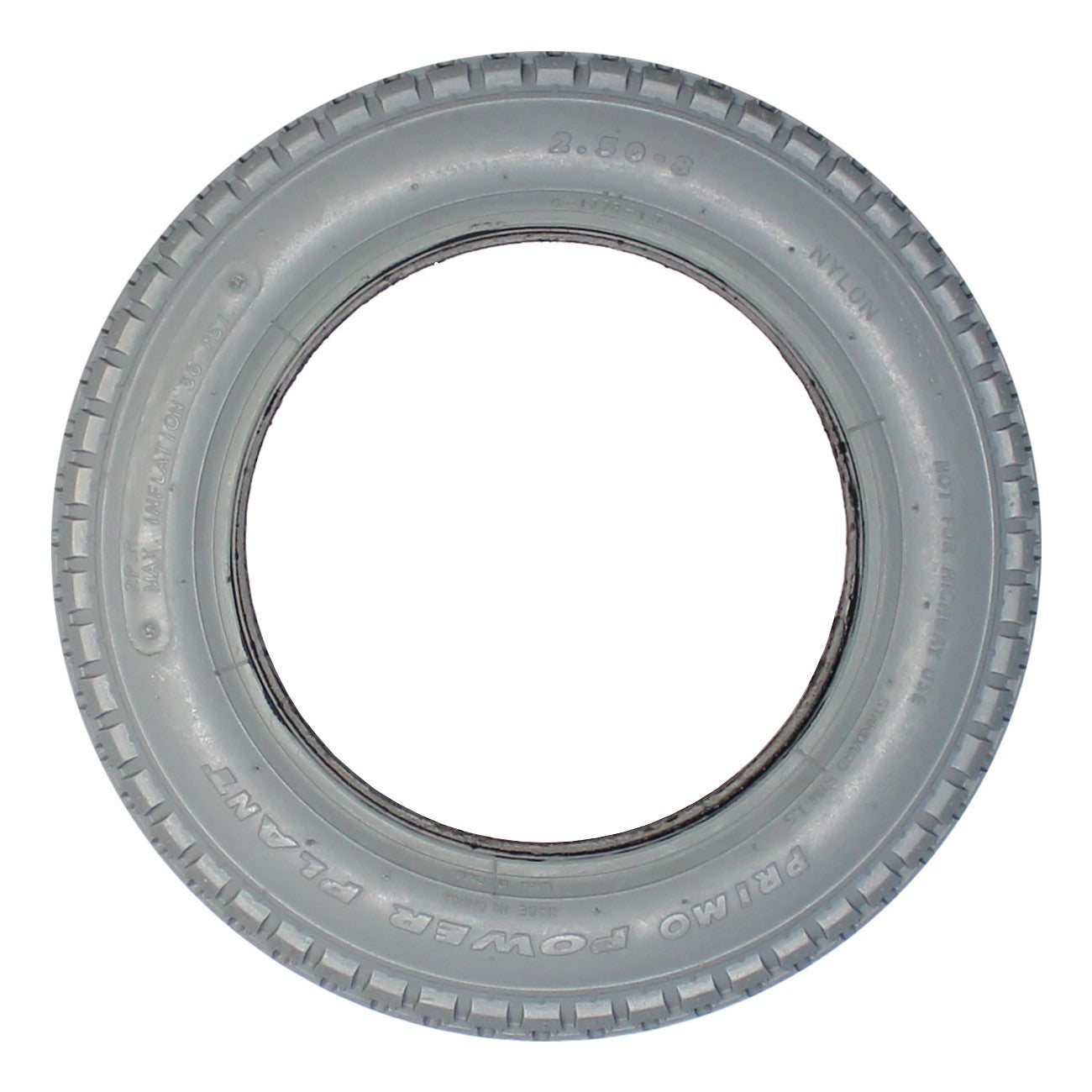 Replacement 2.50-8 Primo Power Plant Foam Filled Wheelchair Tire Side view showing C-177G tread in gray Nylon