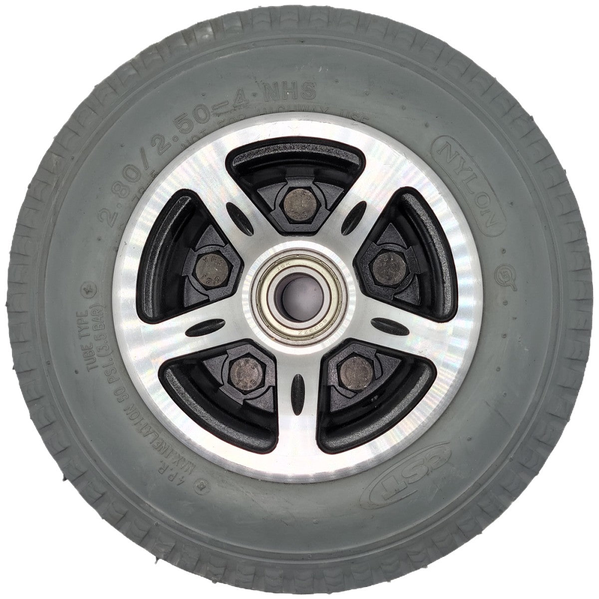 Front view of the 2.80/2.50-4 Merits Foam Filled Caster Wheel for Atlantis and Travel-Ease Commuter Wheelchair showing aluminum silver rim with CST nylon tire
