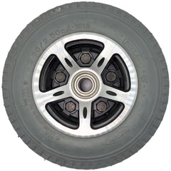 Front view of the 2.80/2.50-4 Merits Foam Filled Caster Wheel for Atlantis and Travel-Ease Commuter Wheelchair showing aluminum silver rim with CST nylon tire