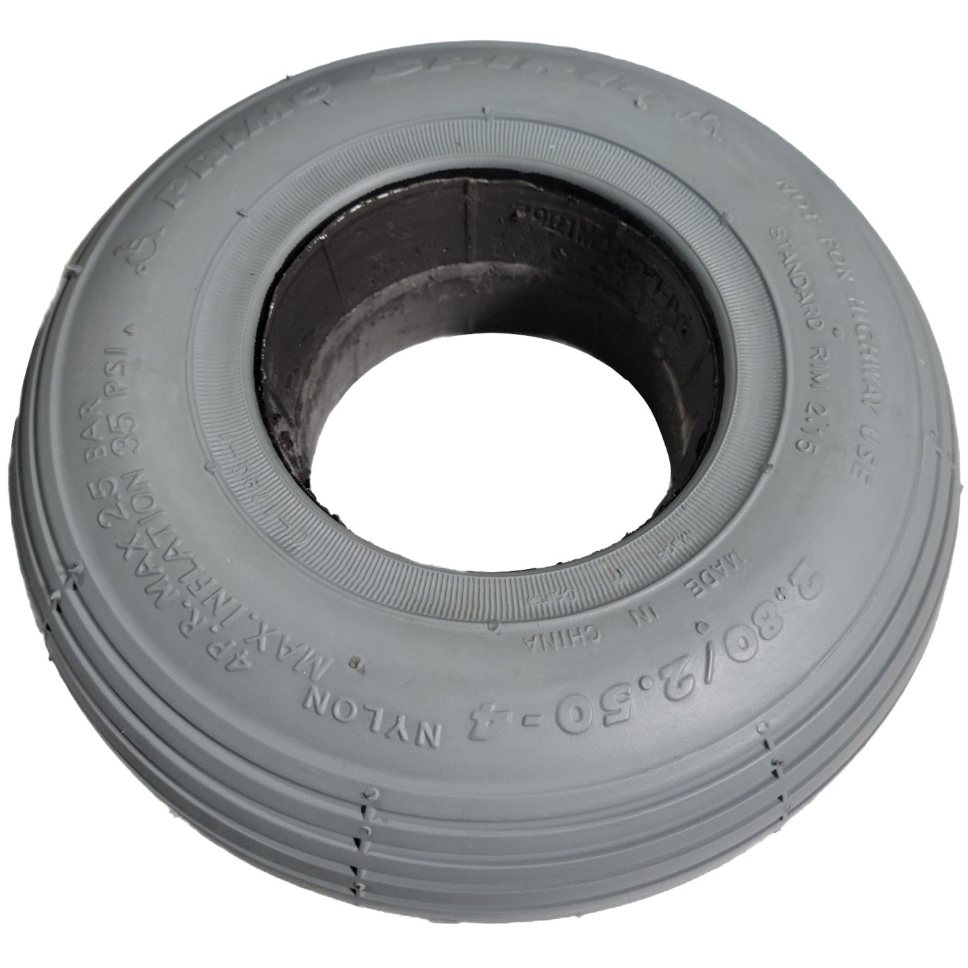 Angled view of the 2.80 x 2.50-4 Primo Spirit Foam Filled Wheelchair and Scooter Tire showing sidewall Standard Rim 2.15 and Nylon markings