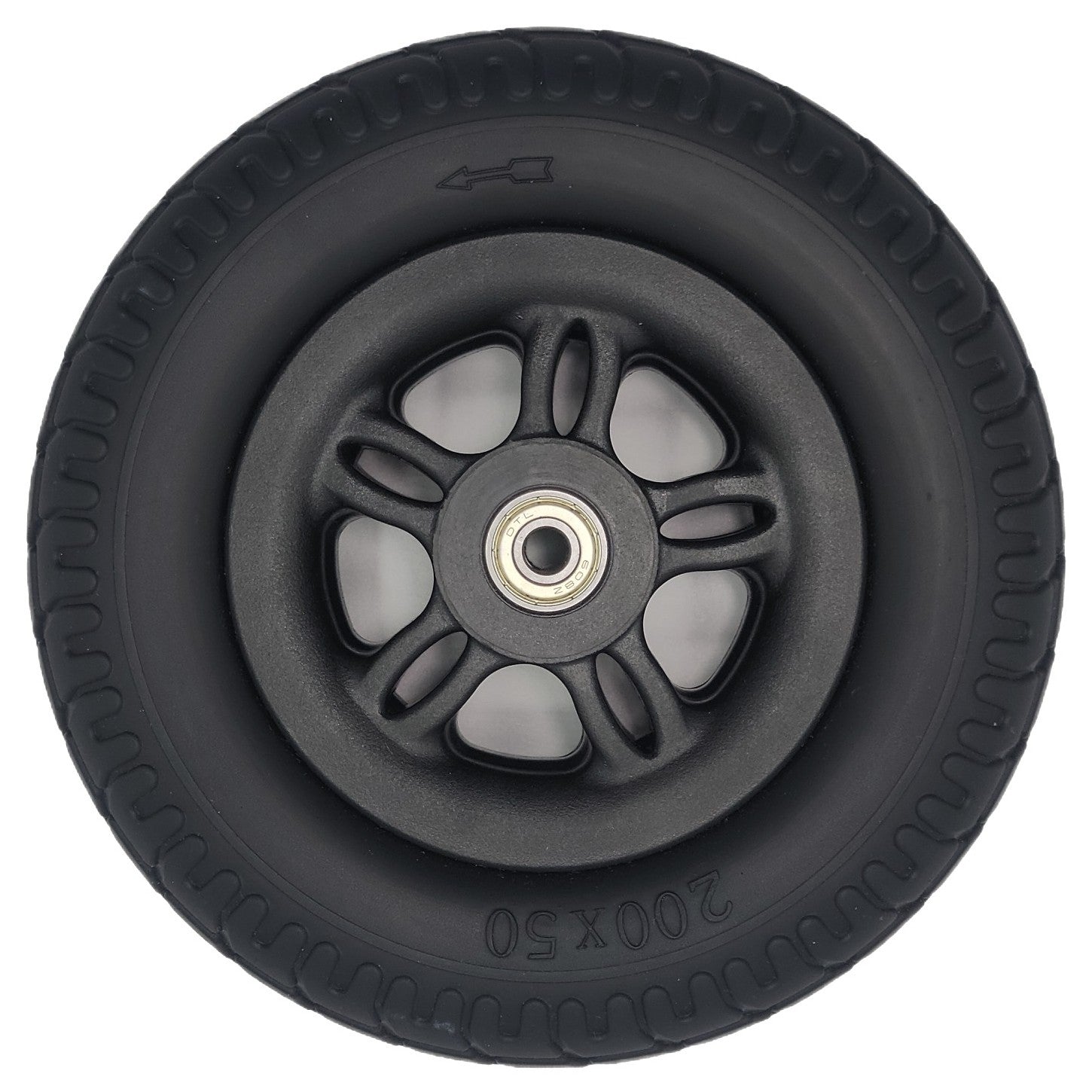 Side view of the 200x50 Front Solid Tire Assembly for Merits Roadster 3 Scooter showing 608Z wheelchair bearing