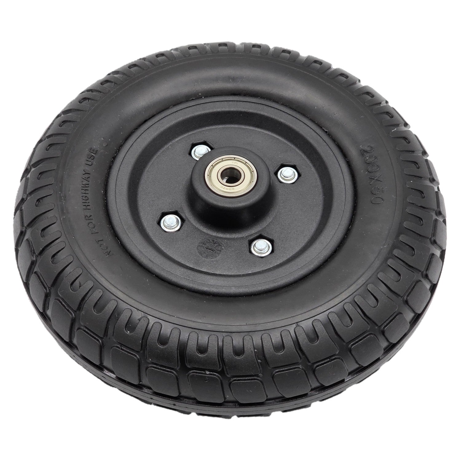 Angled view of the 200x50 Merits caster wheel assembly with solid PU tire. Fits Regal and Dualer scooters.
