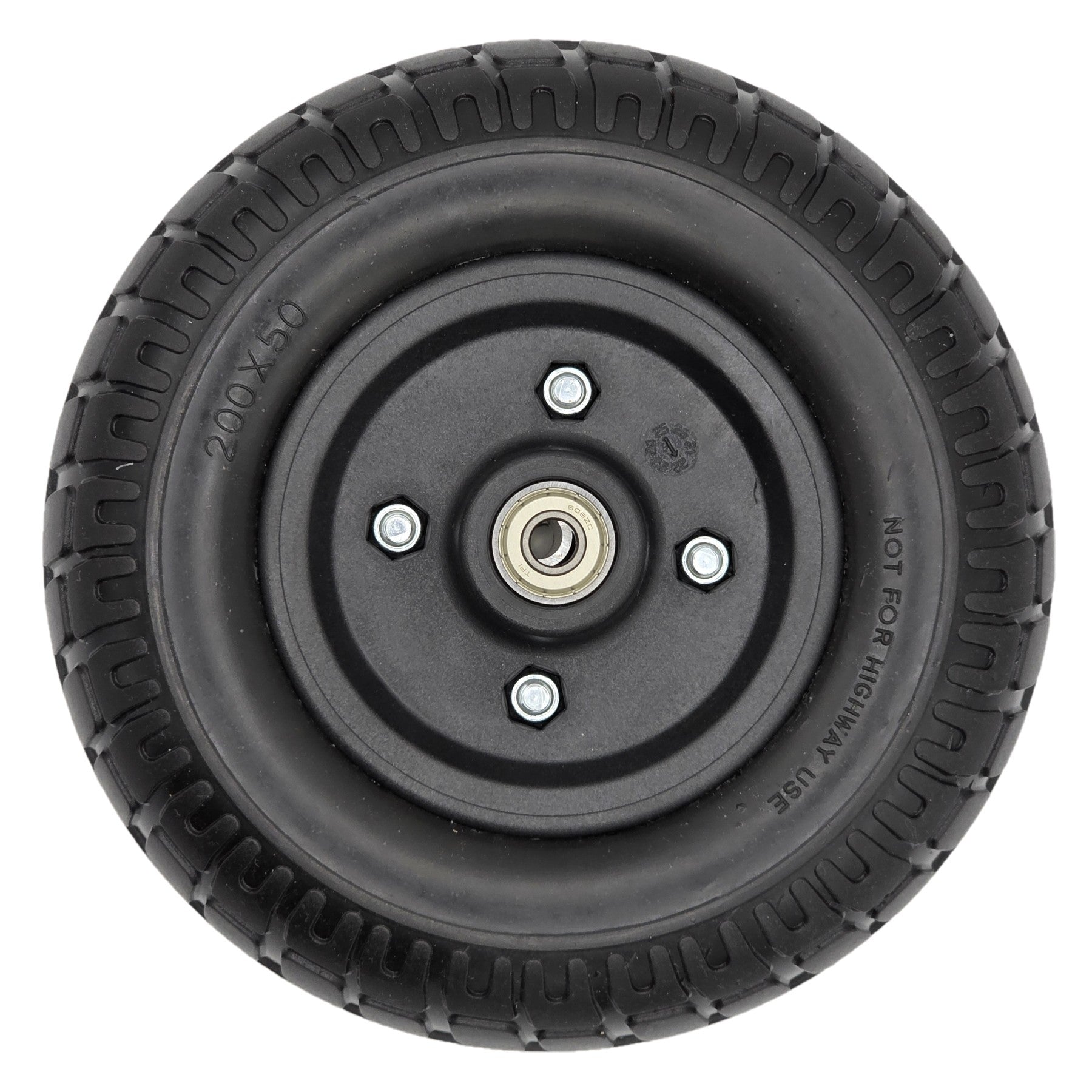 Side view of the 200x50 Merits caster wheel assembly with solid Black PU tire. Fits Regal and Dualer scooters.