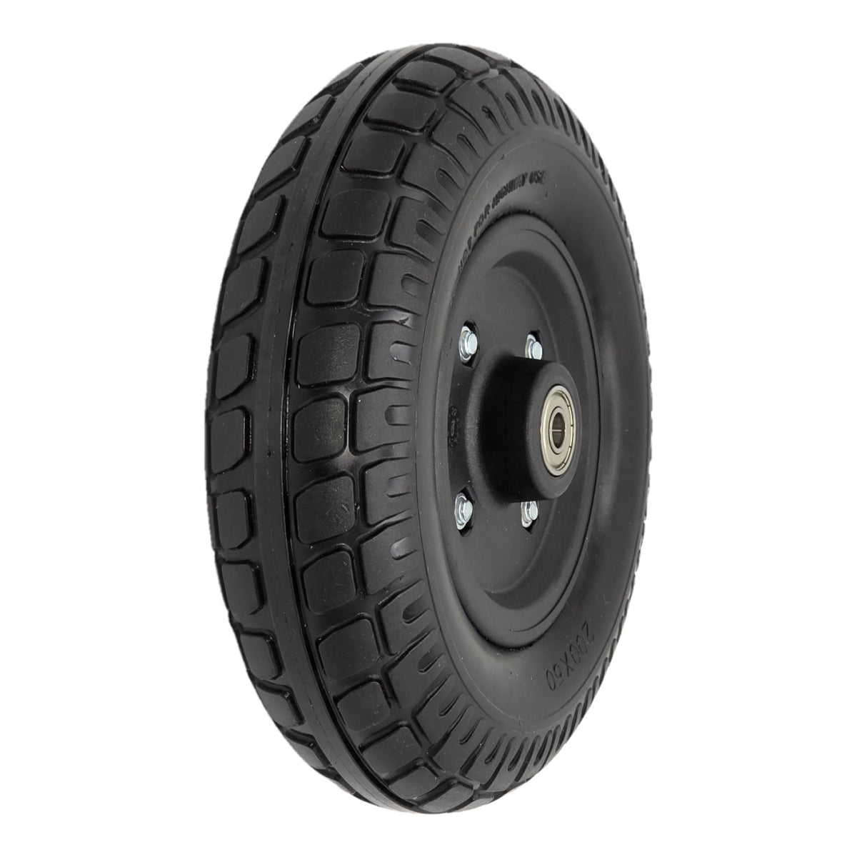 The replacement 200x50 Merits caster wheel assembly with solid Black PU tire. Fits Regal and Dualer scooters.