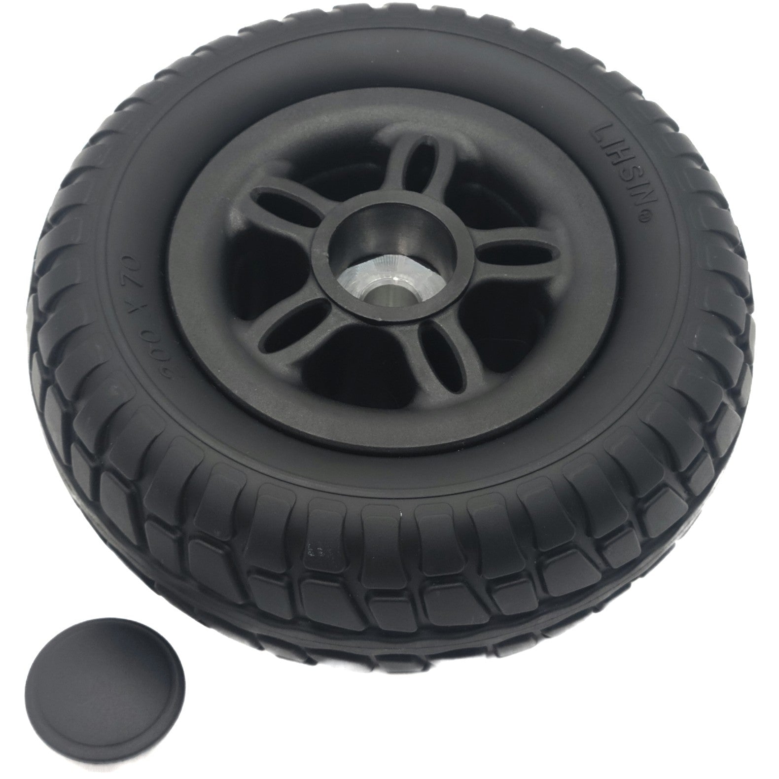 Angled view of the 200x70 and 8x3" solid Drive Wheel Assembly for Merits Roadster Mobility Scooter with hub cap
