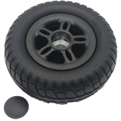 Angled view of the 200x70 and 8x3" solid Drive Wheel Assembly for Merits Roadster Mobility Scooter with hub cap