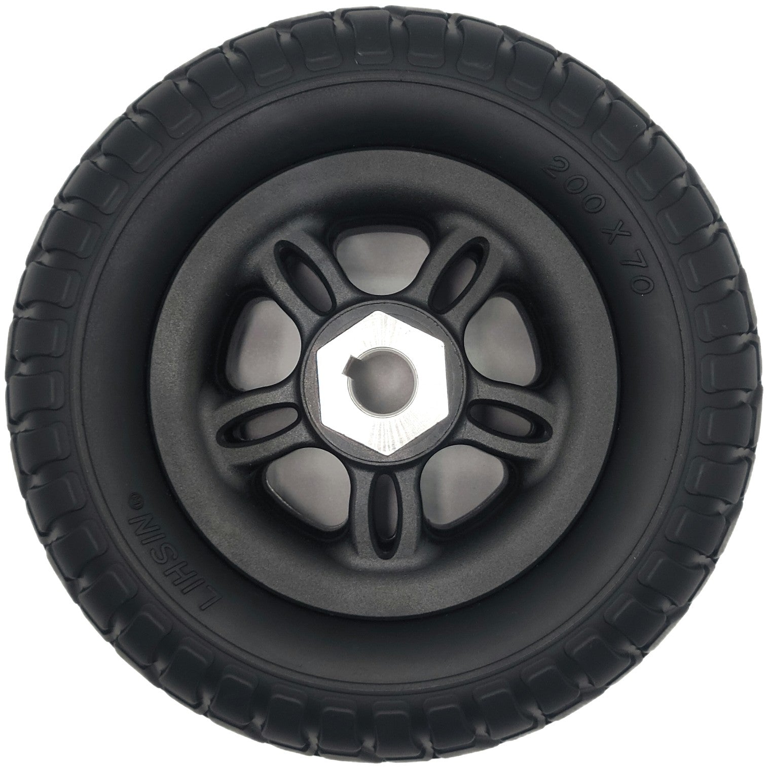 Back view of the 200x70 Drive Wheel Assembly for Merits Roadster Mobility Scooter showing metal hub nut