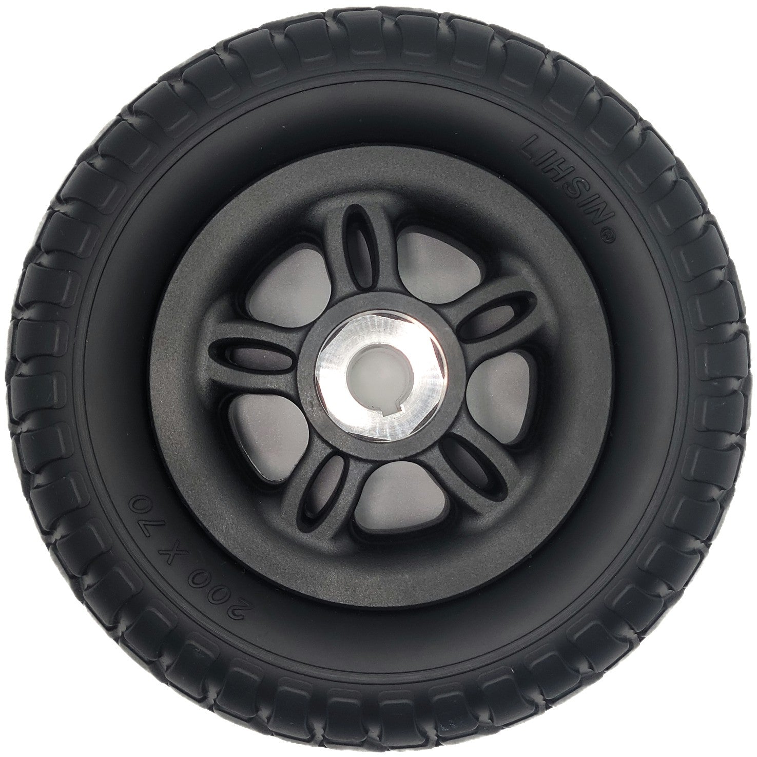 front view of the 200x70 Drive Wheel Assembly for Merits Roadster Mobility Scooter showing LIHSIN sidewall marking