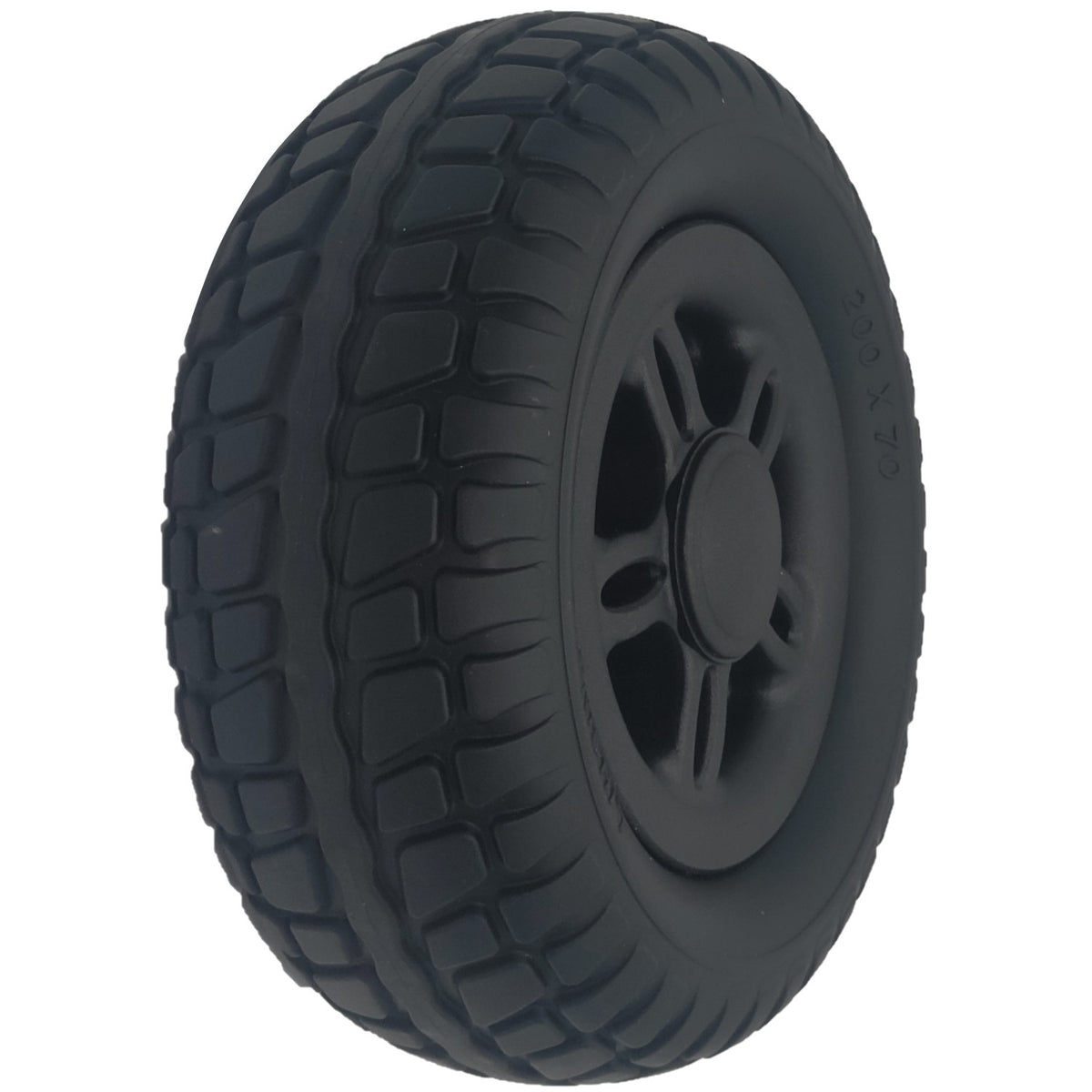 Angled view of the 200x70 Drive Wheel Assembly for Merits Roadster Mobility Scooter in black