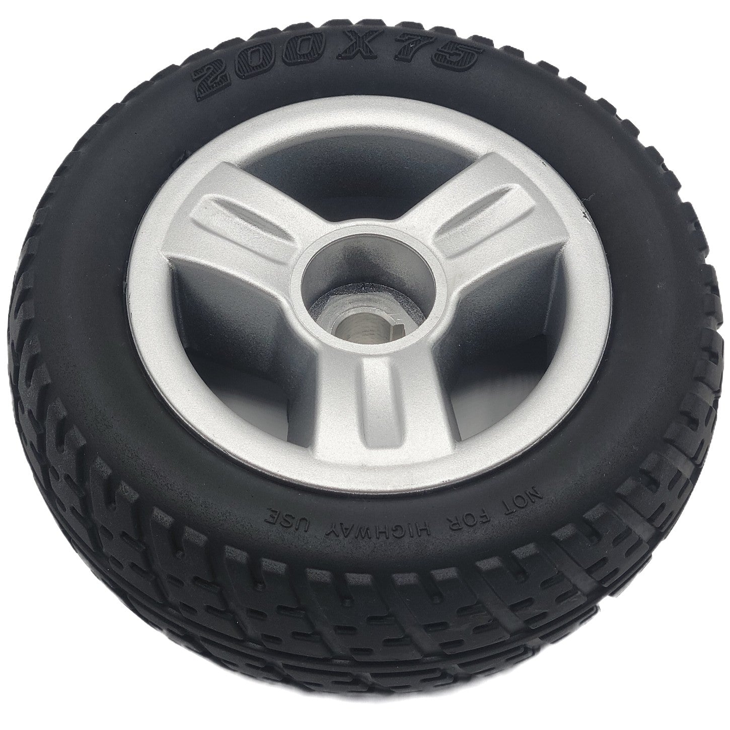Front view of the 200x75 Drive Wheel Assembly for the Merits EZ GO Wheelchair showing the stylish silver rim and black tire