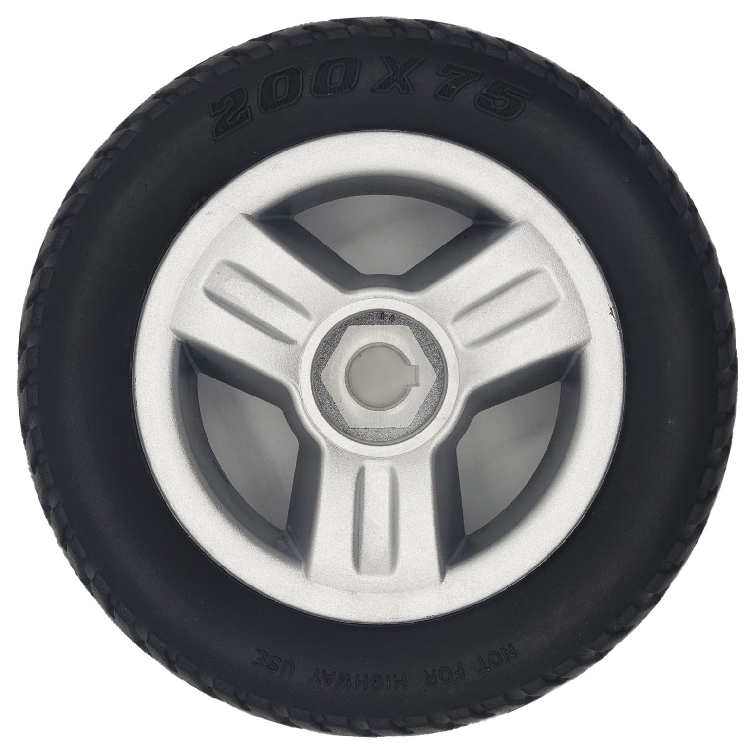 The 200x75 Drive Wheel Assembly for the Merits EZ GO Wheelchair features a stylish silver rim with a black flat free tire.
