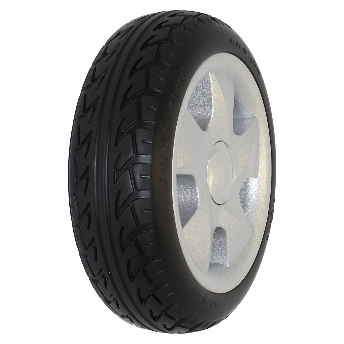 Angled view of the 228x70 Invacare Pronto P31 Drive Wheel Assembly 1186182 showing silver rim with black tire
