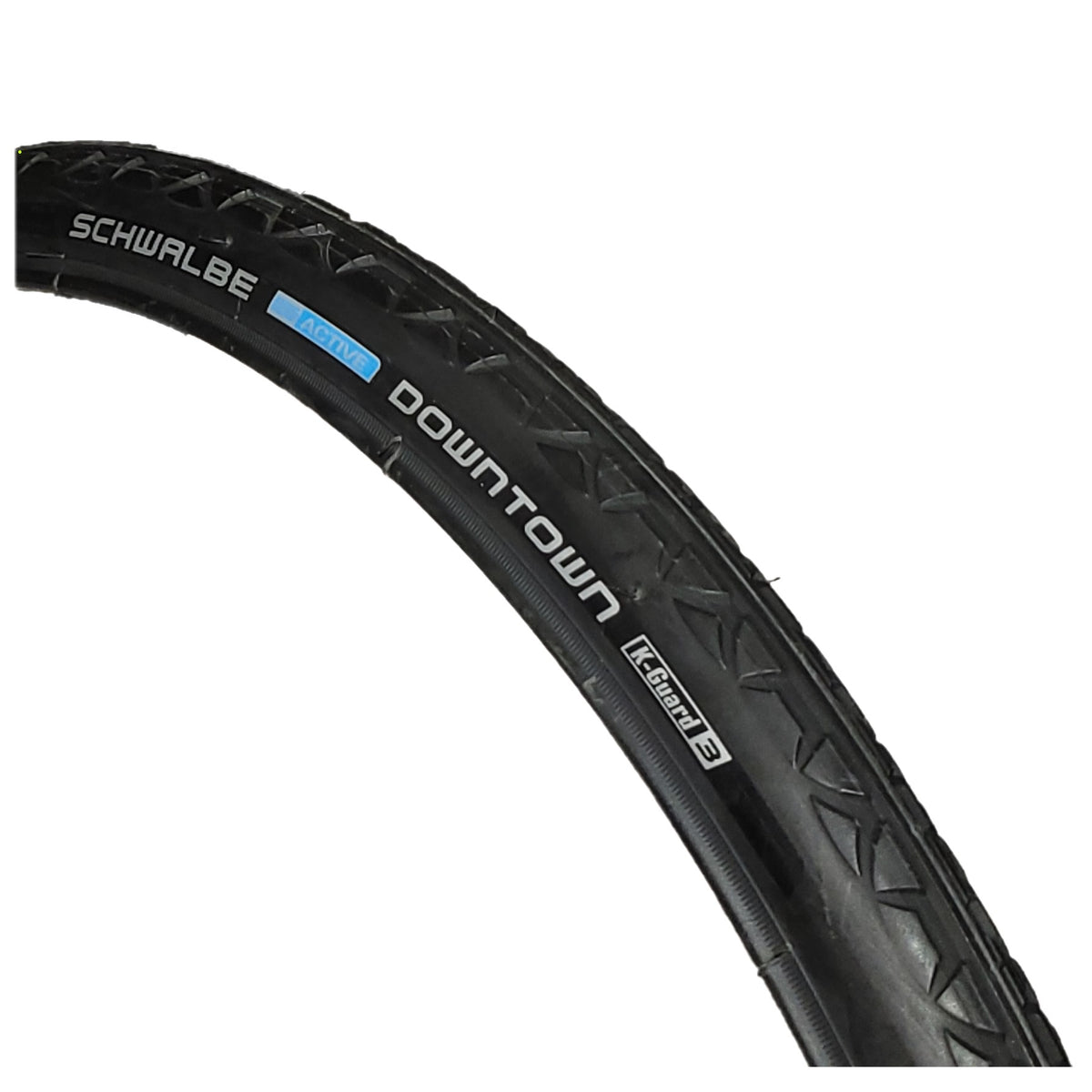 Close up view showing 24 x 1 in. (25-540) Schwalbe Downtown HS 342 Wheelchair Tire in black with K-Guard 3