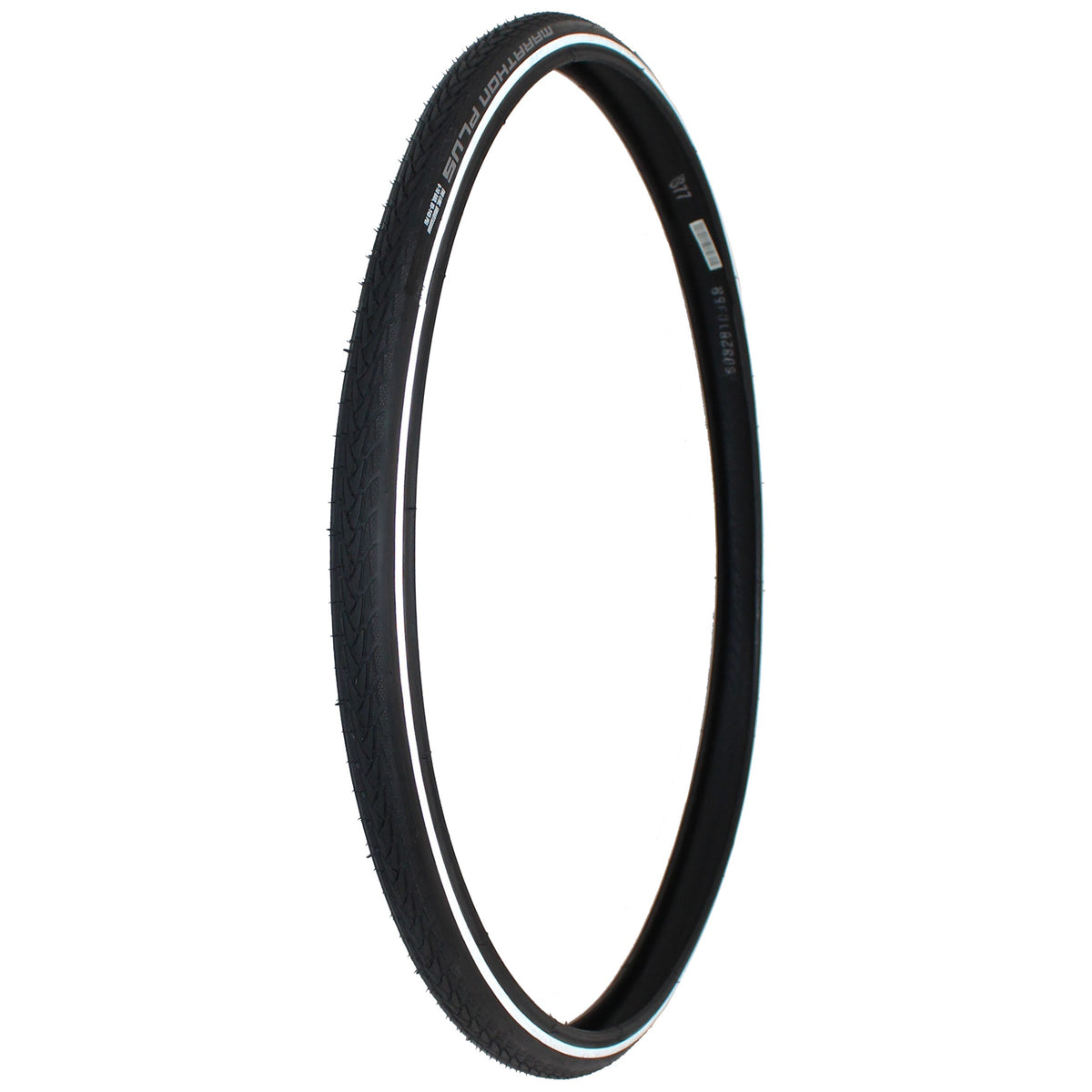 Angled view of the 24 x 1 in. (25-540) Schwalbe Marathon Plus HS 440 Evolution Wheelchair Tire with reflective sidewall