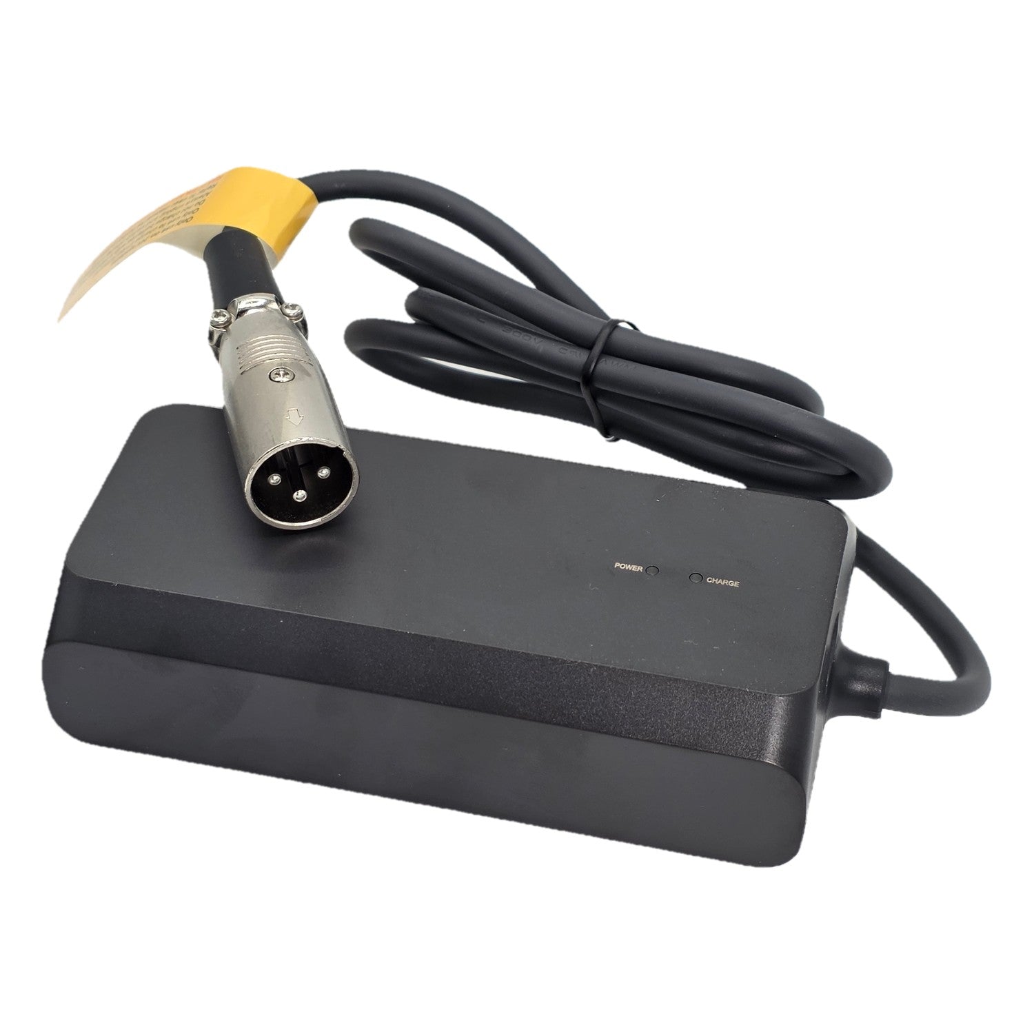 Close up view of the xlr plug connector for the replacement 24V 2A Battery Charger for Golden Cricket Carbon, and Golden Stride Power Chair features a portable small design for charging anywhere.  Precise Control ST STC-6102LB