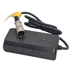 Close up view of the xlr plug connector for the replacement 24V 2A Battery Charger for Golden Cricket Carbon, and Golden Stride Power Chair features a portable small design for charging anywhere.  Precise Control ST STC-6102LB