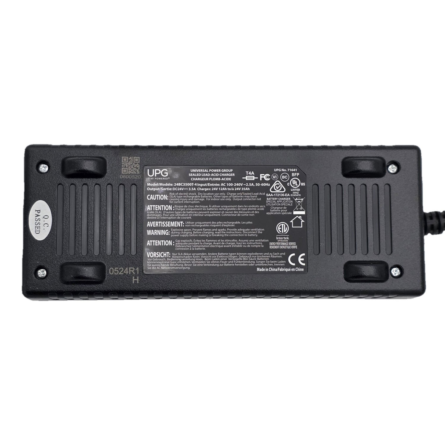 Bottom view of the replacement 24V 3.5A Battery Charger for Power Chairs and Mobility Scooters (UPG 71641 / 24BC3500T-4)
