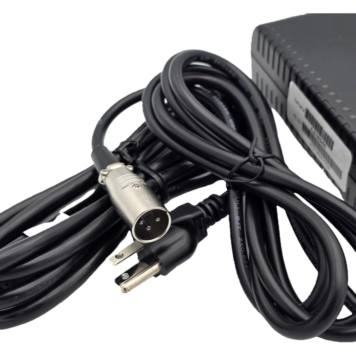 Close up view of the replacement 24V 3.5A Battery Charger for Power Chairs and Mobility Scooters (UPG 71641 / 24BC3500T-4) showing XLR connector