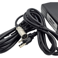 Close up view of the replacement 24V 3.5A Battery Charger for Power Chairs and Mobility Scooters (UPG 71641 / 24BC3500T-4) showing XLR connector