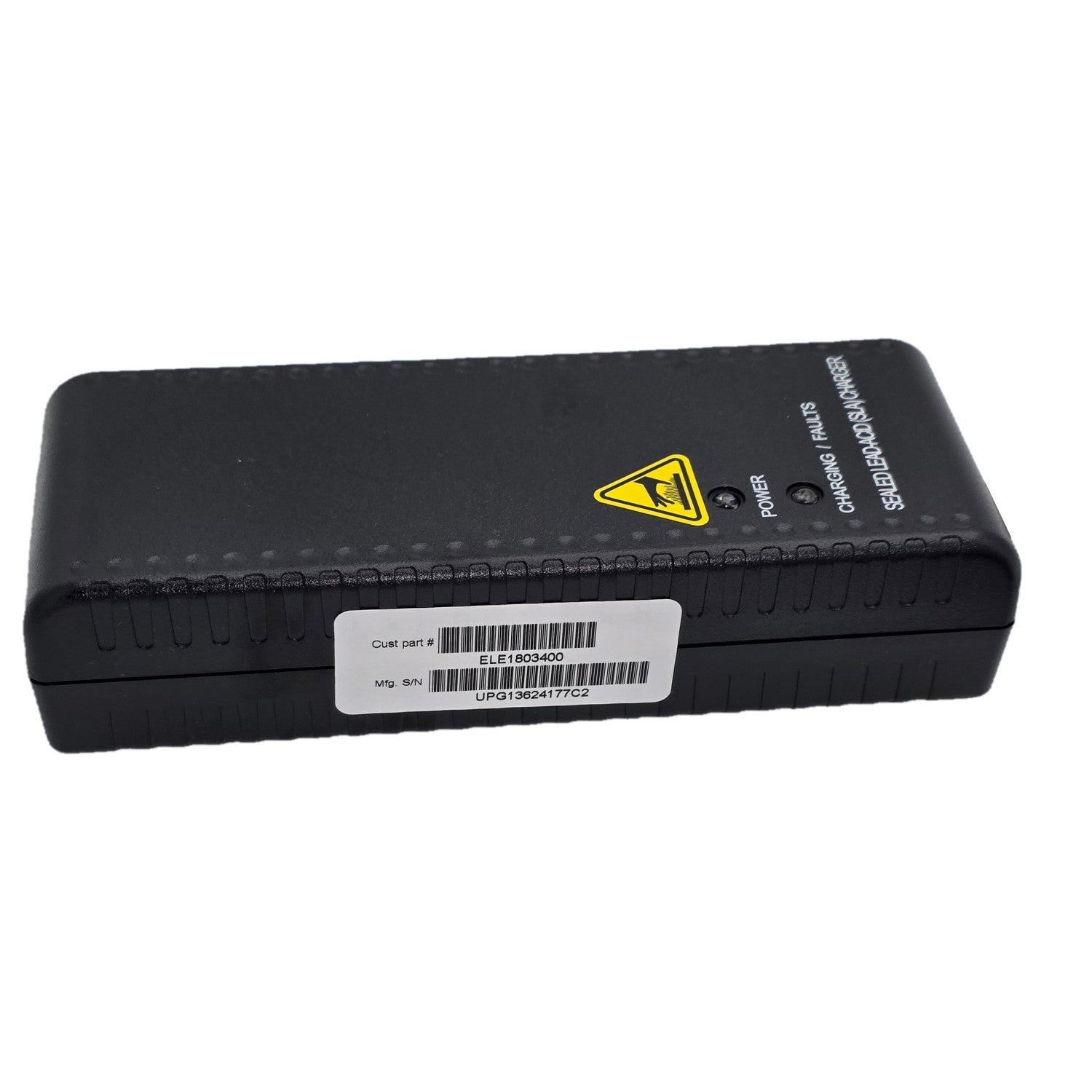 Side view of the replacement 24V 3.5A Battery Charger for Power Chairs and Mobility Scooters (UPG 71641 / 24BC3500T-4) showing Cust Part # ELE1803400 and UPG13624177C2