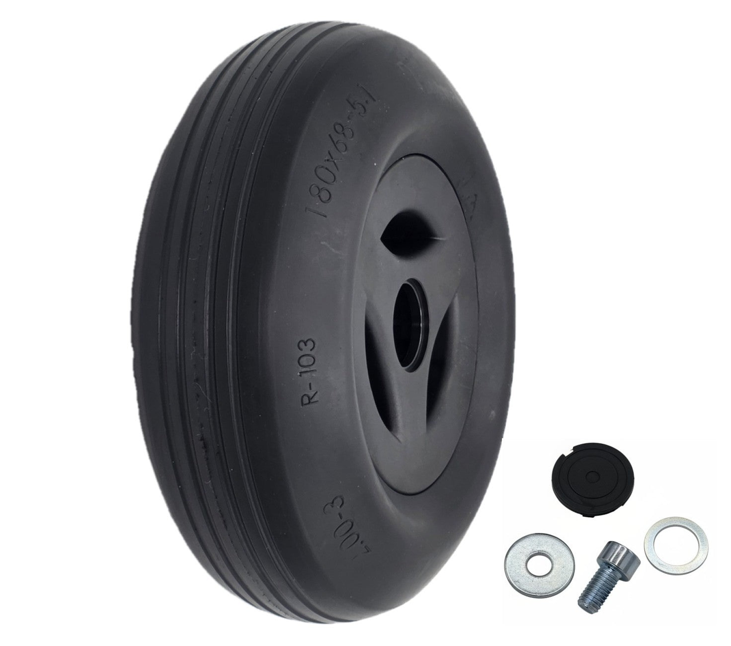 The replacement 2.50-3 (180 x 68) Caster Wheel for Permobil M1 and Permobil M3 Wheelchairs features a black solid rib tire and stylish black rim.
